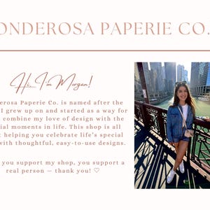 K&ouml;nnte beinhalten: Cremefarbene Grafik mit dem Text "PONDEROSA PAPERIE CO." und "Hi, I'm Morgan!". Rechts ist ein Foto einer Frau in einer Jeansjacke. Der Text beschreibt den Fokus des Shops auf die Feier besonderer Momente im Leben.