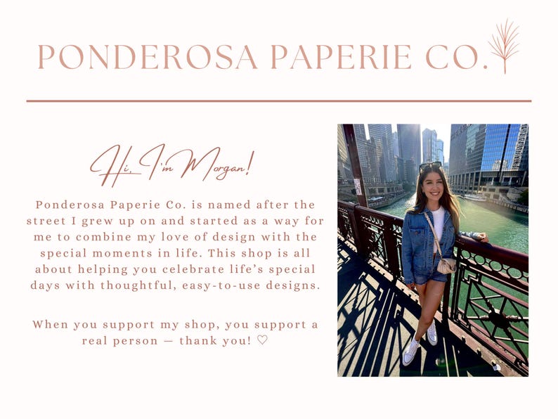 K&ouml;nnte beinhalten: Cremefarbene Grafik mit dem Text "PONDEROSA PAPERIE CO." und "Hi, I'm Morgan!". Rechts ist ein Foto einer Frau in einer Jeansjacke. Der Text beschreibt den Fokus des Shops auf die Feier besonderer Momente im Leben.
