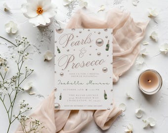 Pearls and Prosecco Bridal Shower Invitation Template, Elegant Champagne and Pearls Theme Printable Invite, Editable Bridal Shower Card