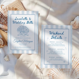 Seashells and Wedding Bells Bachelorette Invitation, Coastal Beach Bachelorette Invite, Girls Weekend Itinerary, Editable Canva Template