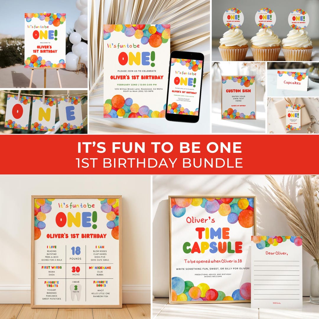 Fun to Be One Birthday Bundle Templates, Colorful First Birthday Party ...