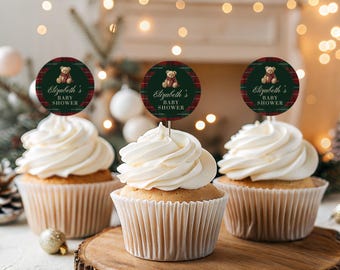Adornos imprimibles para cupcakes con ositos de peluche, etiquetas editables de lujo para cupcakes de bebé, decoración clásica para fiesta de ositos a cuadros, decoraciones para baby shower