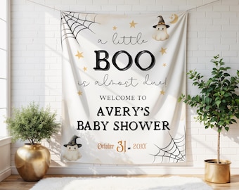 Ein kleiner Boo ist fast fällig Babyparty-Willkommensbanner, benutzerdefinierte Halloween-Geist-Babyparty-Wandteppich, gruselige niedliche Herbst-Babypartydekoration