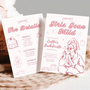 Girls Gone Mild Bachelorette-uitnodiging en reisplansjabloon, spa-weekenduitnodiging, bewerkbare canva-download, Cosy Bach Party-weekendschema