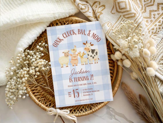 Farm Animals 2nd Birthday Invitation Boy, Blue Gingham Barnyard Invite, Oink Cluck Baa Moo Kids Party, Editable Toddler Farm Birthday Invite