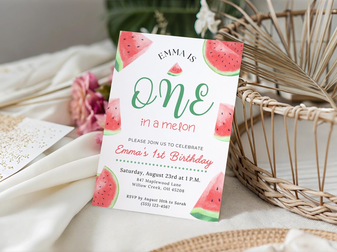 One in a Melon First Birthday Invitation Template, Watermelon First ...