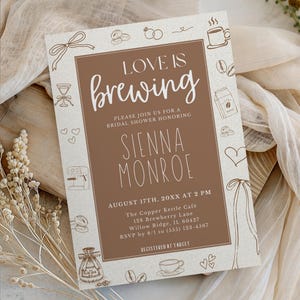 Love Is Brewing Doodle Bridal Shower Invitation, Hand Drawn Rustic Coffee Theme, Coffee Lover Party Printable, Digital Editable Template