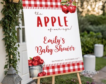 Appel van ons oog babyshower welkomstbord sjabloon, bewerkbaar rood pastel herfst babybord, rustieke boerderij appel thema babyshower decoraties