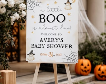 Ein kleiner Boo ist fast fällig Babyparty Willkommensschild Vorlage, druckbares Halloween-Babypartydekor, gruselige Babyparty, bearbeitbares Geistschild