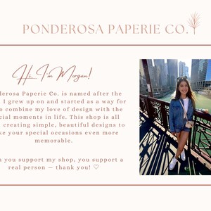 May include: A cream-coloured graphic featuring the text "Ponderosa Paperie Co." and "Hi, I'm Morgan!" A photo of a woman on a bridge is on the right. The text describes the shop's focus on simple, beautiful designs for special occasions.