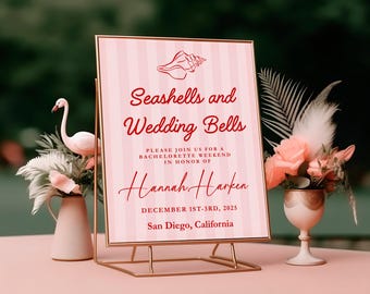 Schelpen en bruiloftsklokken vrijgezellenfeest welkomstbord, Pink Beach Bach Sign, Coastal Bachelorette Decor, Tropical Bach Weekend Sign Template