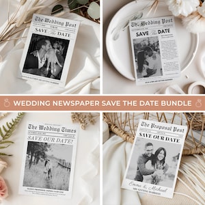 Newspaper Save the Date Bundle, Minimalist Editable Canva Template, Vintage Wedding Announcement Printable, Unique Save the Date Set