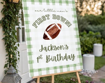 Little Man's First Down Football Birthday Welcome Sign Template, Editable Green Gingham 1st Birthday Party Sign, Printable Sports Poster
