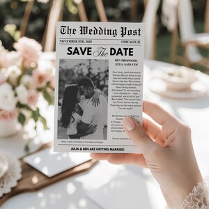 May include: A wedding announcement designed as a newspaper clipping, with the headline "SAVE The DATE." The image shows a couple in a monochrome embrace. The text includes the date November 8th, 2025, and the names Julia and Ben, announcing their wedding.