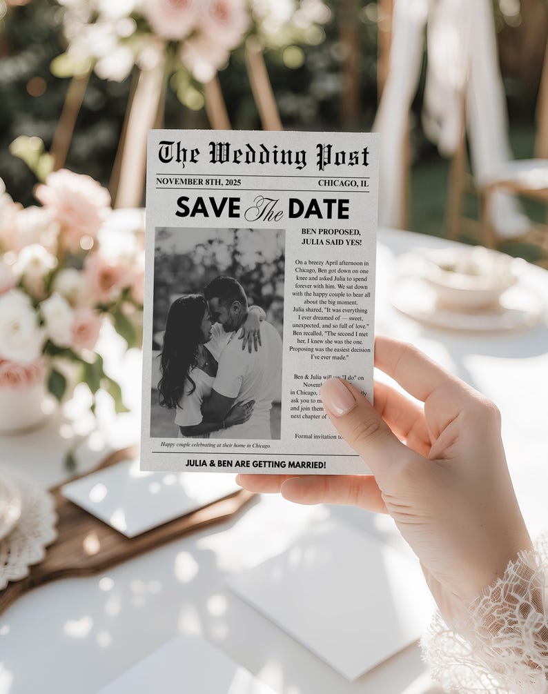 May include: A wedding announcement designed as a newspaper clipping, with the headline "SAVE The DATE." The image shows a couple in a monochrome embrace. The text includes the date November 8th, 2025, and the names Julia and Ben, announcing their wedding.