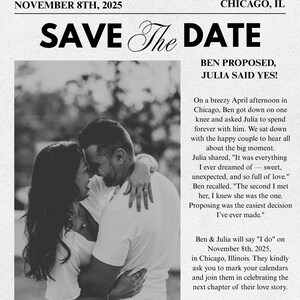 May include: A monochrome wedding announcement in a newspaper format, headlined "The Wedding Post" and "SAVE The DATE." The image shows a couple embracing. Text includes "Ben Proposed, Julia Said Yes!" and "Julia & Ben are getting married!"