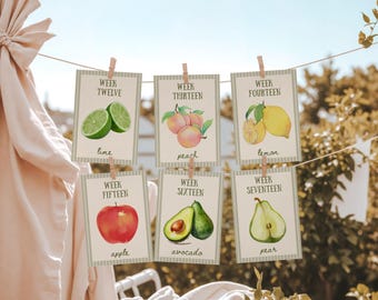 Obst & Gemüse Baby Meilenstein Größe Kartenvorlagen, druckbare wöchentliche Schwangerschaft Baby Wachstumstabelle, lokal gewachsenes Thema, geschlechtsneutrales Baby