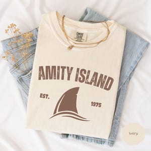 Jaws Amity Island 1975 Comfort Colors Shirt, Shark Fin White Shirts, Retro Shirt, Movie Inspired T-shirt Gift, Beach Tee, Shark Sweathirt