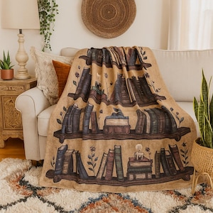 Custom Bookshelf Blanket, Dark Academia Lover Gift, For Book Lover, Library Book Wildlower Blanket, Library Gift Bookish, Reader Accessories