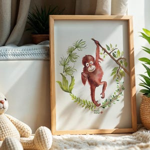 Watercolor Orangutan Nursery Print: Pastel Jungle Animal Art (Digital Download A3/Square JPGs