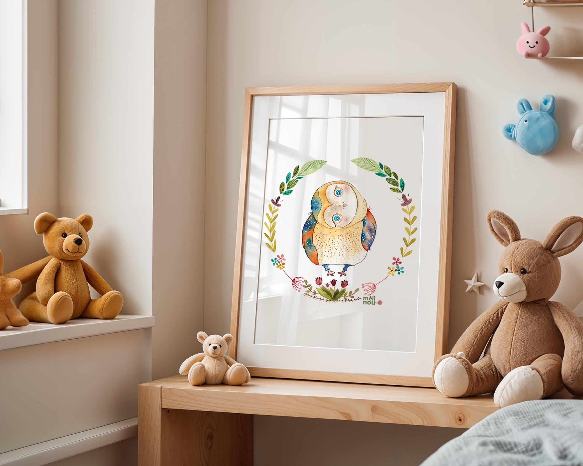 Owl, Digital, Watercolor Illustration, Baby Nursery Wall Art, Playroom, Toddler Room Poster, Whimsic