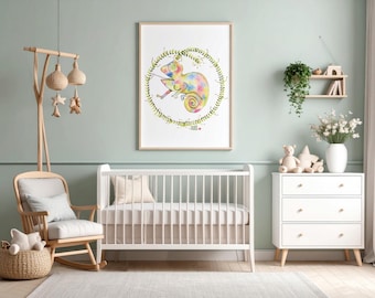 Chamäleon Kinderzimmer Druck, Aquarell Tier Wandkunst, Printable Kinder Dekor