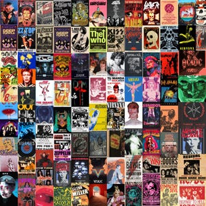 May include: A collage of vintage concert posters featuring rock and roll bands. Posters include images of David Bowie, Nirvana, The Rolling Stones, and others. The posters are in various colors and styles, creating a vibrant display.