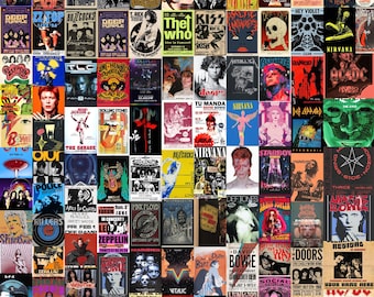 May include: A collage of vintage concert posters featuring rock and roll bands. Posters include images of David Bowie, Nirvana, The Rolling Stones, and others. The posters are in various colors and styles, creating a vibrant display.