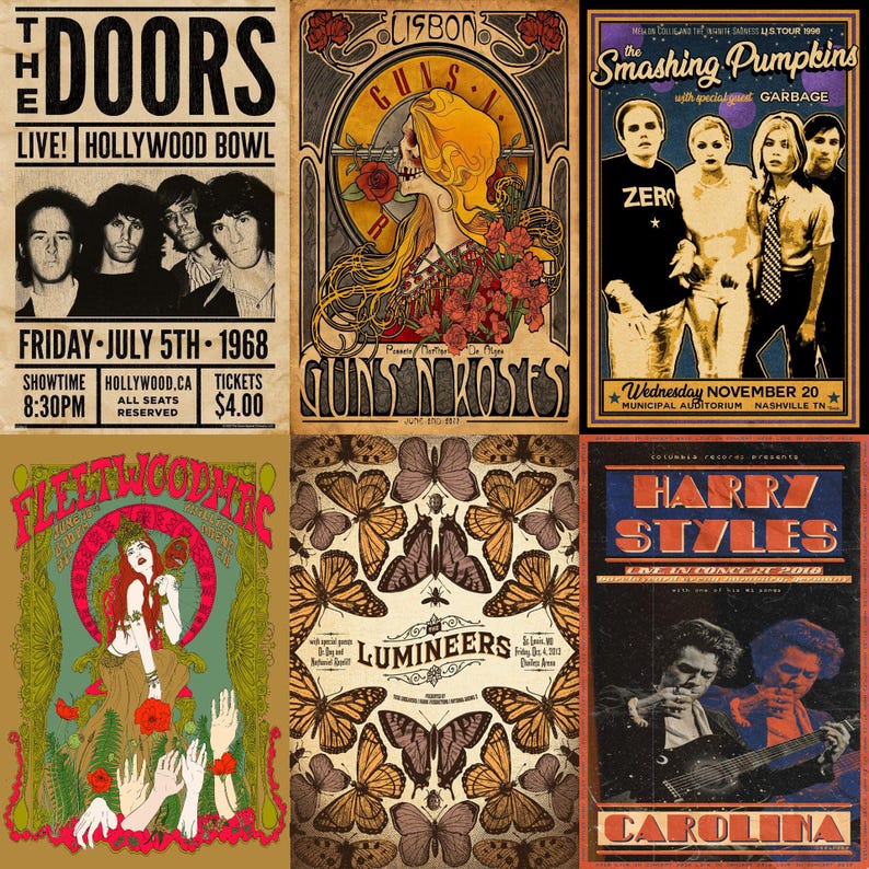 Vintage Rock Band Poster Collage Kit: 300+ Retro Music Prints (digital ...