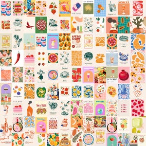 Puede incluir: Un collage de coloridas impresiones artísticas con temas de comida y bebida. Las impresiones presentan ilustraciones de pizza, pasta, cócteles, frutas y postres. El texto incluye "Pasta Lover", "Cocktail", "Spritz" y "Time for Tacos".