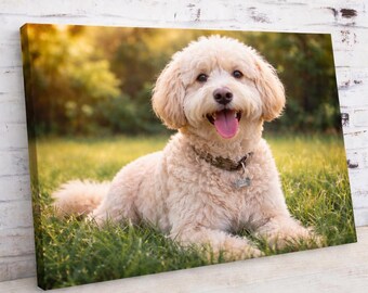 Anpassat canvastavla med hundfoto, personlig väggkonst med husdjur och familj, panoramautsikt över landskapet eller kvadratisk canvastavla, omtänksam present till henne