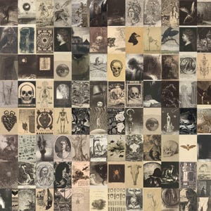 May include: A collage of vintage art prints with a dark, gothic theme. The prints depict skulls, skeletons, and other macabre imagery in black, white, and sepia tones. The style evokes antique illustrations, perfect for a spooky aesthetic.