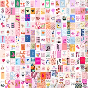 Può includere: Un collage di stampe artistiche rosa, bianche e arancioni con vari disegni, tra cui cuori, farfalle e testo. Le stampe presentano frasi come "Love", "Lucky You" e "Good Vibes". Il tema generale è un mix di affermazioni positive e illustrazioni carine.