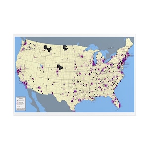 May include: A map of the United States with various symbols indicating locations. The map is in a rectangular frame with a light blue border. The map's background is beige, with states outlined in gray. Symbols are black and purple.