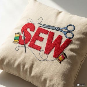 May include: A beige square pillow with the word "SEW" embroidered in red, along with a pair of blue scissors, spools of thread, and a needle. The pillow is a decorative item for a sewing enthusiast.