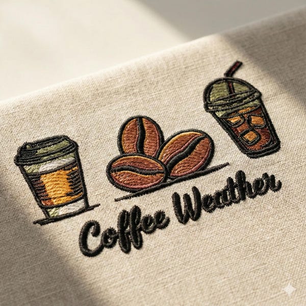 Kaffee Wetter Stickerei Design Kaffeebohnen Eiskaffeetasse Latte Espresso Maschinenstickerei Datei Digitaler Download 4 x 4 Hoop Gemütliches Cafe Kunst