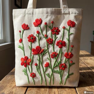 Peut inclure: Un sac fourre-tout beige avec une broderie florale. La broderie présente des fleurs rouges avec des tiges et des feuilles vertes. Le sac est de forme rectangulaire et possède deux anses beiges.