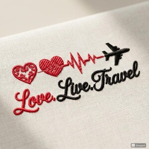 May include: Embroidered design on a cream-colored fabric featuring two red hearts, a red heartbeat line, and a black airplane. The words "Love. Live. Travel" are embroidered in red and black cursive.