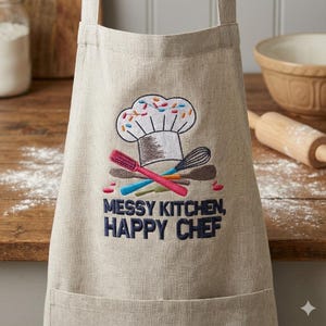 May include: A beige linen apron with a chef hat and kitchen utensils embroidery. The chef hat is decorated with colorful sprinkles. The text "MESSY KITCHEN, HAPPY CHEF" is embroidered in navy blue.