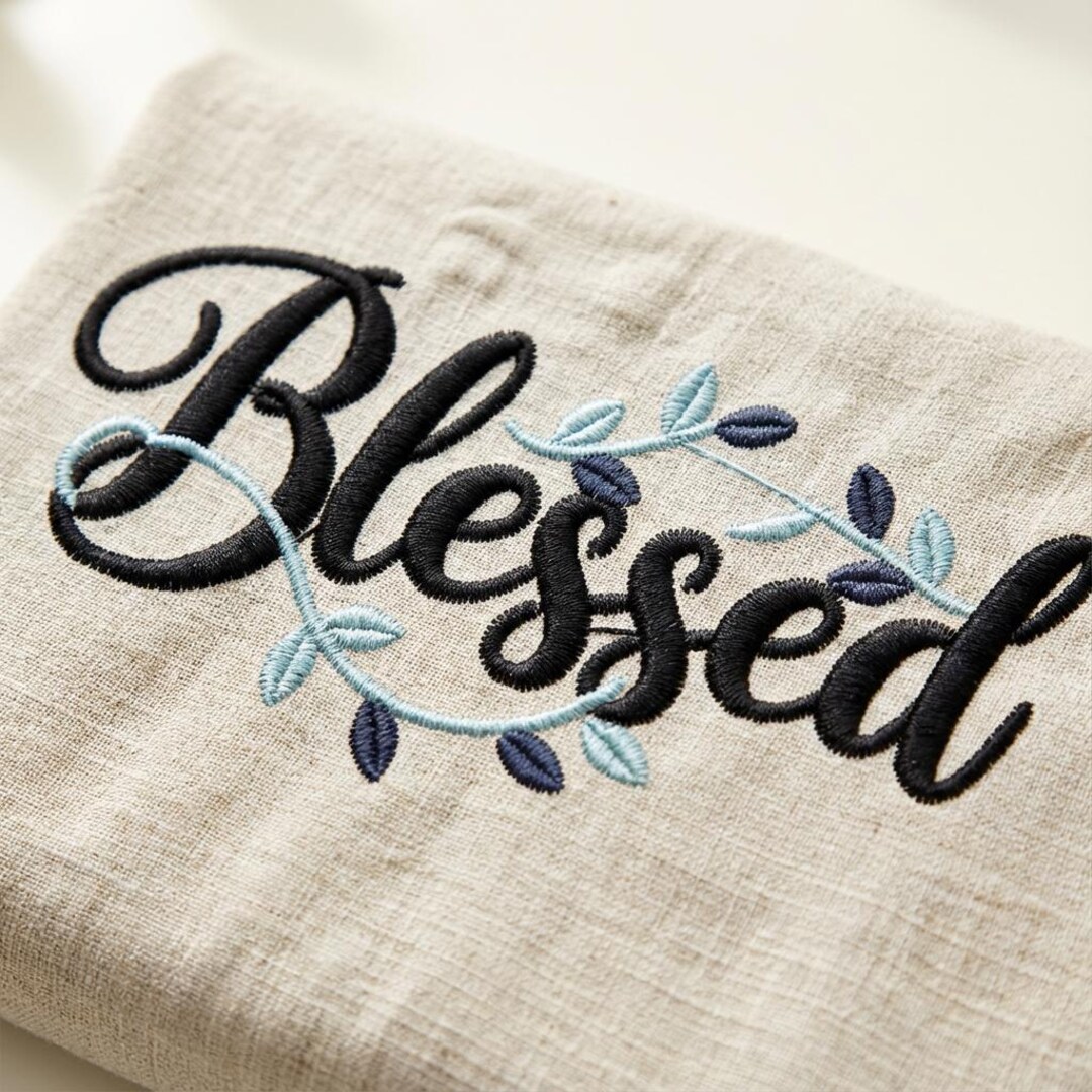 Very Blessed Script Blessed Machine Embroidery Design With Leafy Vines, Christian Quote ...