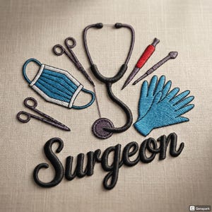 May include: An embroidered design featuring medical tools: a stethoscope, surgical mask, scissors, syringe, and gloves. The word "Surgeon" is embroidered in a cursive font. The design is in shades of blue, purple, red, and black on a beige background.