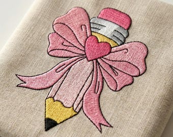 Coquette Pencil Embroidery Design, Bow Pencil Machine Embroidery File, Cute Teacher Appreciation Gift, Preppy Back to School Digital DL