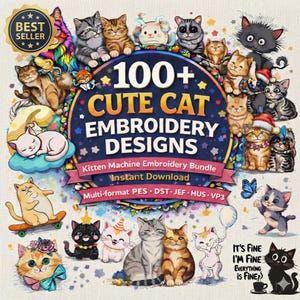 Lot de 100 motifs de broderie machine chat - adorables chatons