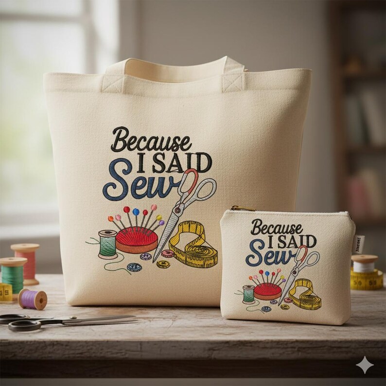 A beige tote bag with a printed design of sewing-related items and text, and a smaller tote bag with the same design and text.