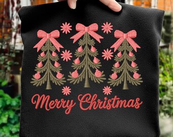 Motif de broderie de sapin de Noël rose : Noeud et décorations des Fêtes