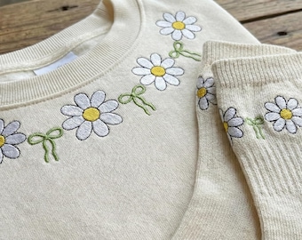 Coquette Daisy Embroidery Design, Flower Bow Border, Floral Neckline Machine Embroidery File, Spring Garden Pattern, Cottagecore Ribbon