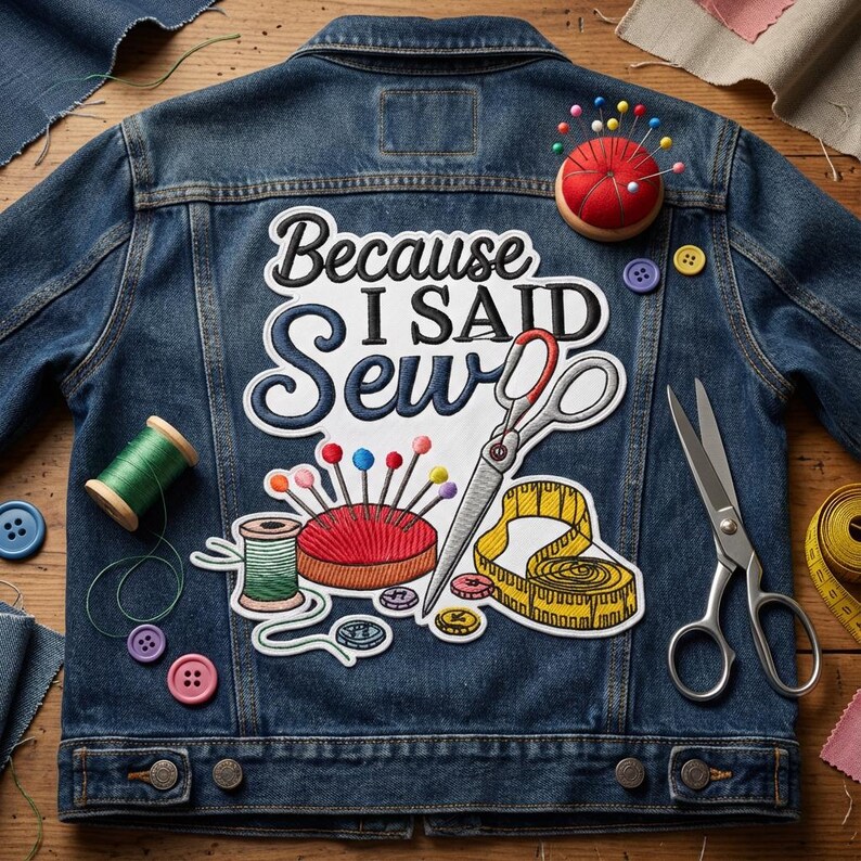 a denim jacket with a patch that says "Because I Said Sew" surrounded by sewing-related items such as scissors, pins, and buttons.