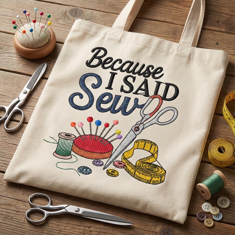 a beige tote bag with a humorous embroidered phrase, "Because I said sewing", surrounded by sewing-related items such as scissors, pins, and a measuring tape.