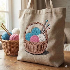 May include: A beige tote bag with a detailed embroidered image of a basket filled with blue, pink, and white yarn balls and knitting needles. A smaller basket with yarn balls and knitting needles sits to the left.