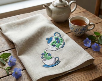 Blumen Teekanne & Tasse Stickmuster, Maschinenstickerei, Blaues Blumen Küche Dekor Muster für Handtuch, 4x4 Hoop